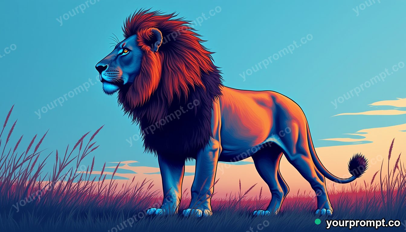 A majestic lion with a windswept mane on the savanna in bold pop-art style — AI-generated image from a text prompt