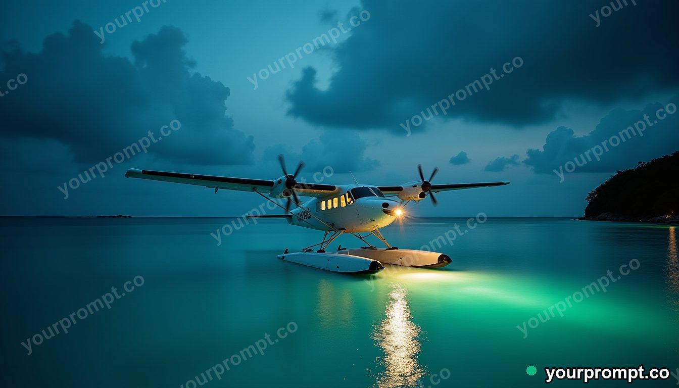 A seaplane landing on a turquoise lagoon in double-exposure style — AI-generated image from a text prompt