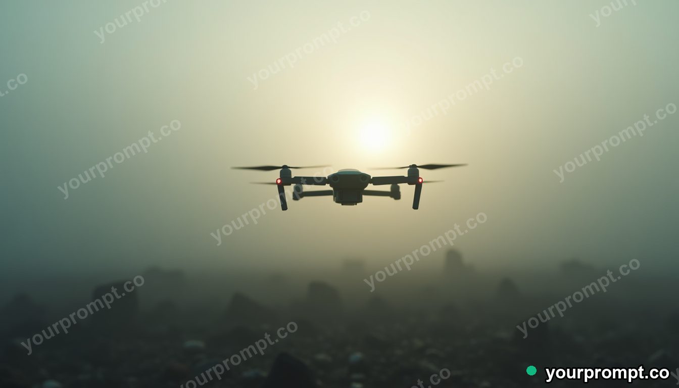 A battle drone hovering over a foggy battlefield