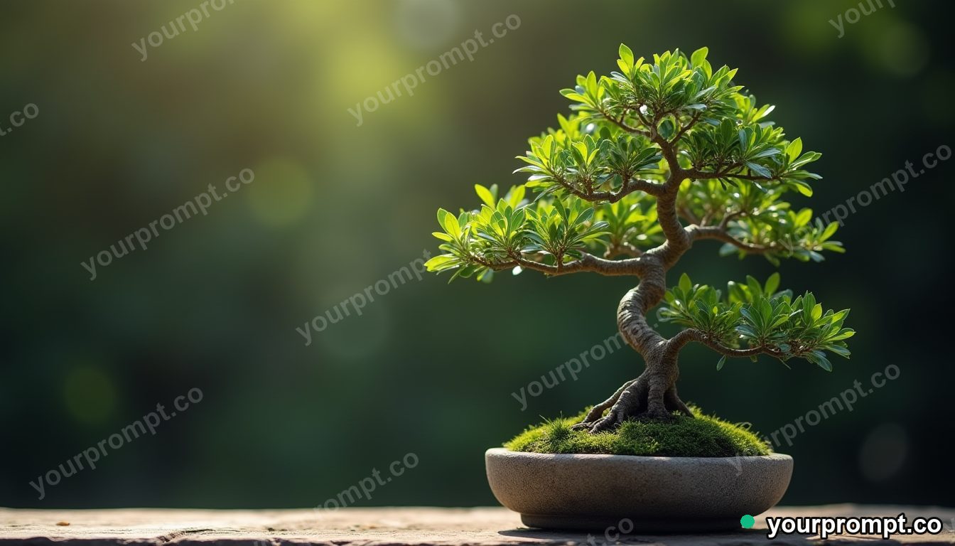 A bonsai tree with tiny perfect leaves on a stone in studio product photography style — AI-generated image from a text prompt