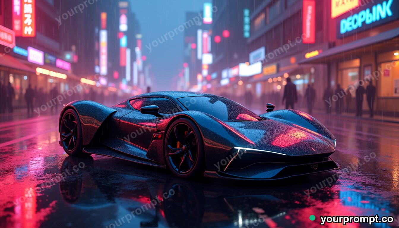 A sleek electric hypercar in a rain-soaked neon city in warm storybook illustration style — AI-generated image from a text prompt