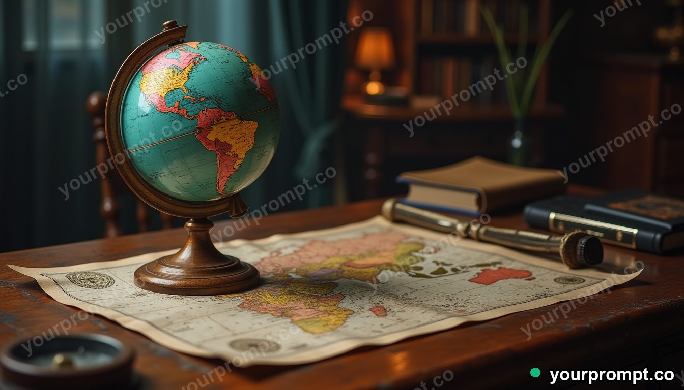 A globe, compass, and old map on a desk in dramatic chiaroscuro style — AI-generated image from a text prompt