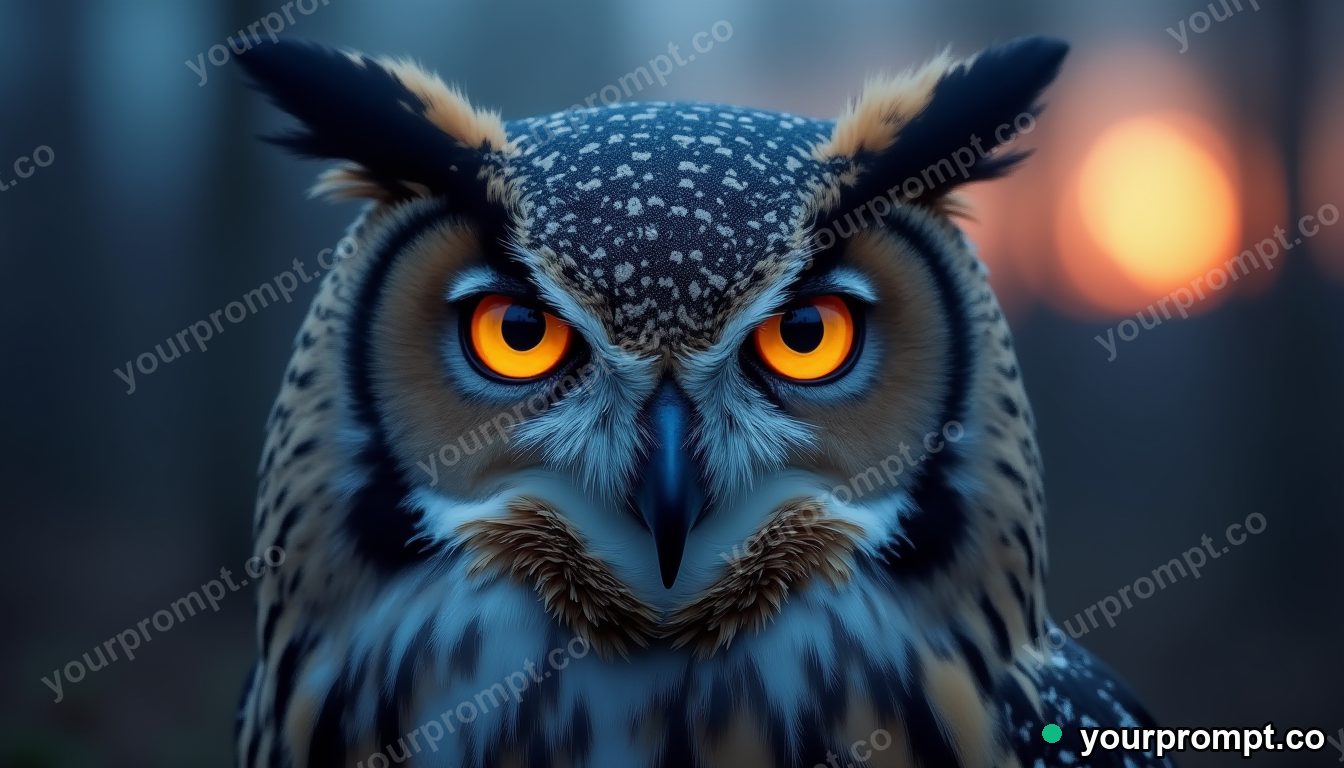 A great horned owl with piercing eyes at dusk in ethereal long-exposure style — AI-generated image from a text prompt