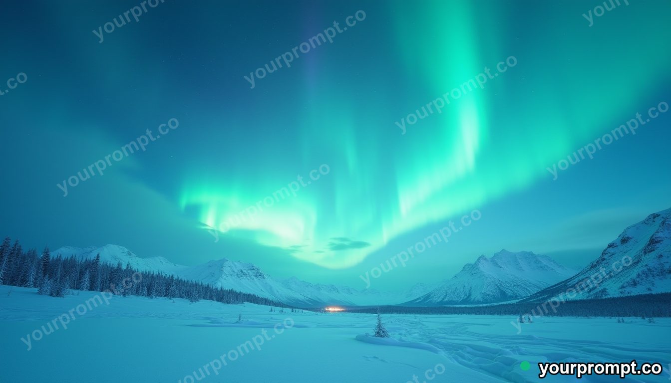 The northern lights rippling green over a snowy valley