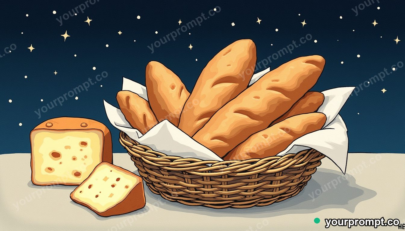 A basket of fresh bread and cheese on linen in ukiyo-e woodblock style — AI-generated image from a text prompt