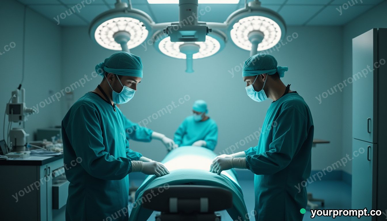 A robotic surgery suite bathed in soft light in vintage film photograph style — AI-generated image from a text prompt