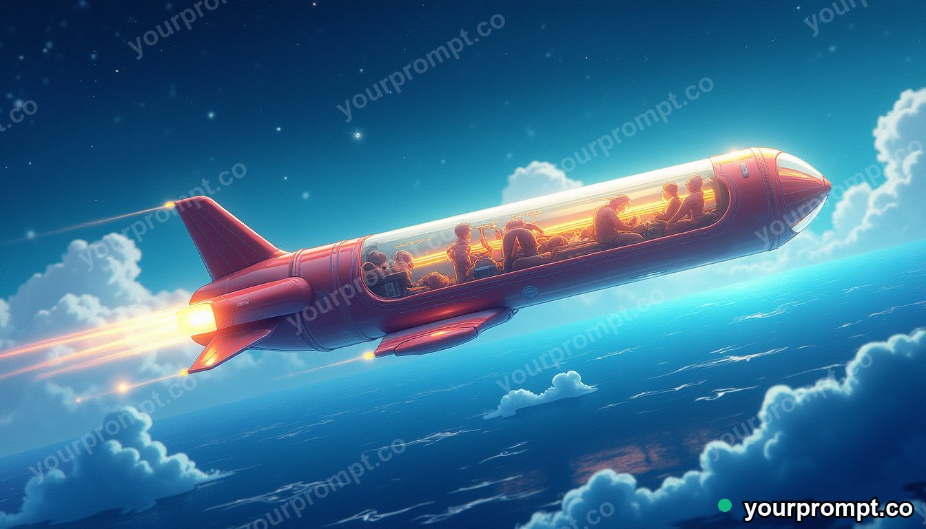 A transparent high-speed tube transport over the ocean in warm storybook illustration style — AI-generated image from a text prompt