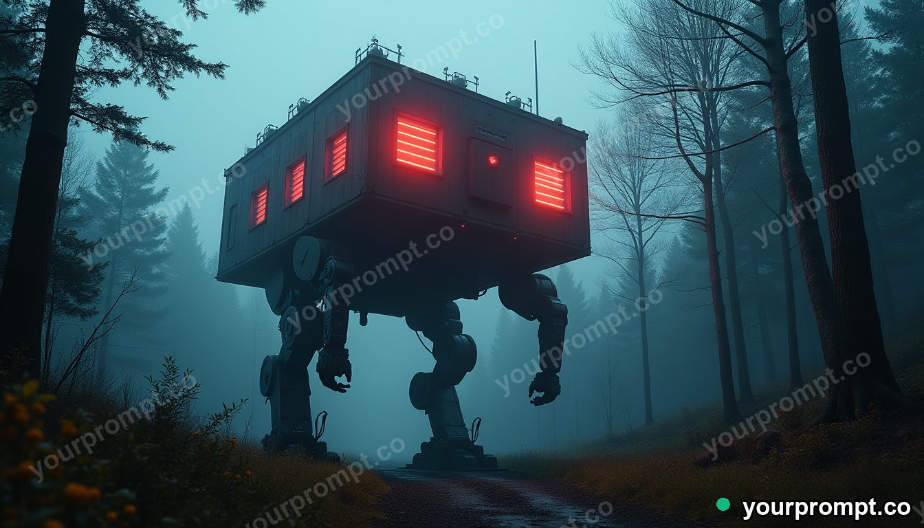 A giant walking mech-house striding through forest