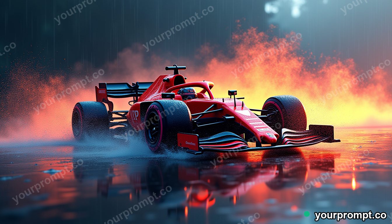 A Formula car blasting through a rainy corner with spray