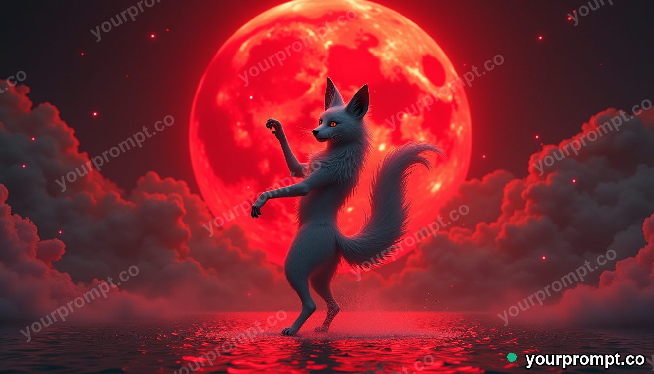 A kitsune dancing under a blood-red moon