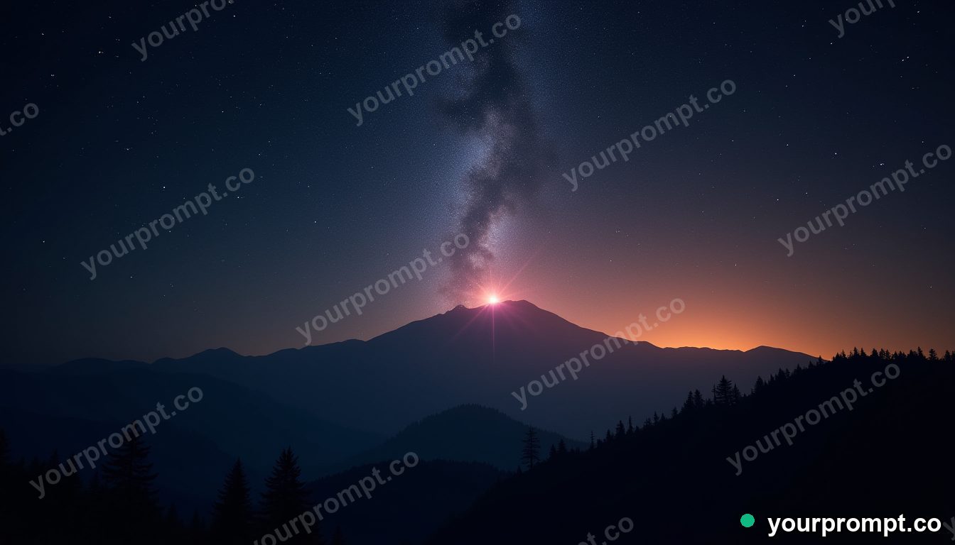A meteor shower over a silhouetted mountain ridge in ethereal long-exposure style — AI-generated image from a text prompt