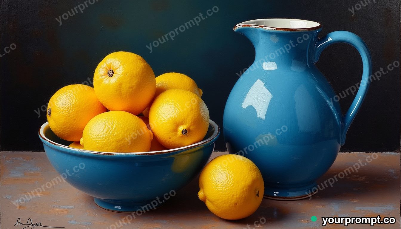 A bowl of lemons beside a blue ceramic jug in rich oil painting style — AI-generated image from a text prompt