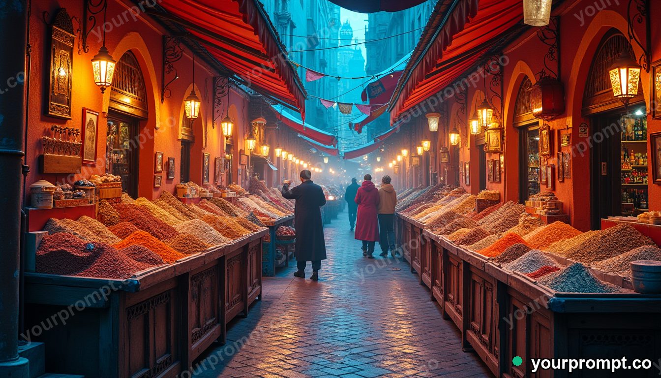 A vibrant Moroccan spice market with colorful stalls in double-exposure style — AI-generated image from a text prompt