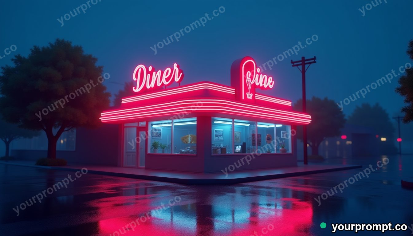 A neon diner glowing on an empty rainy street in low-poly 3D style — AI-generated image from a text prompt