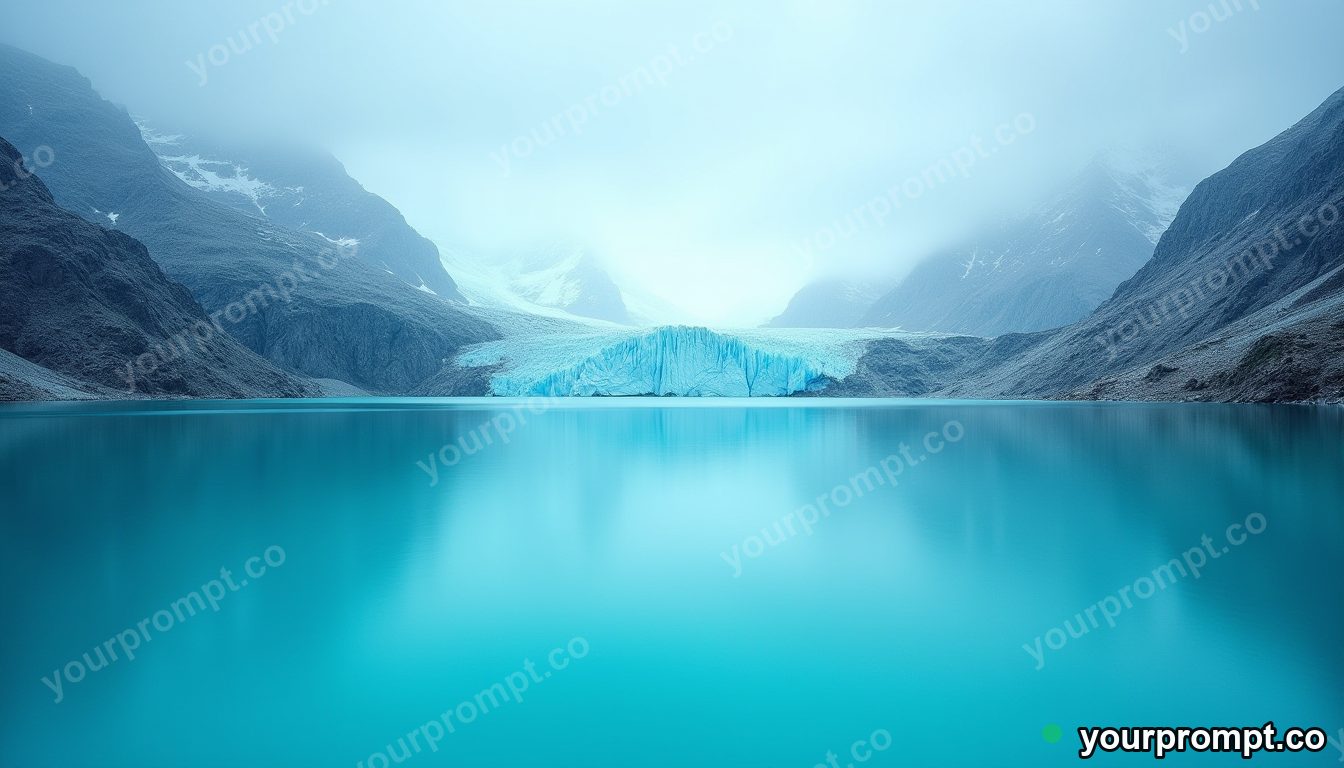 A turquoise glacier lake beneath jagged peaks in ethereal long-exposure style — AI-generated image from a text prompt