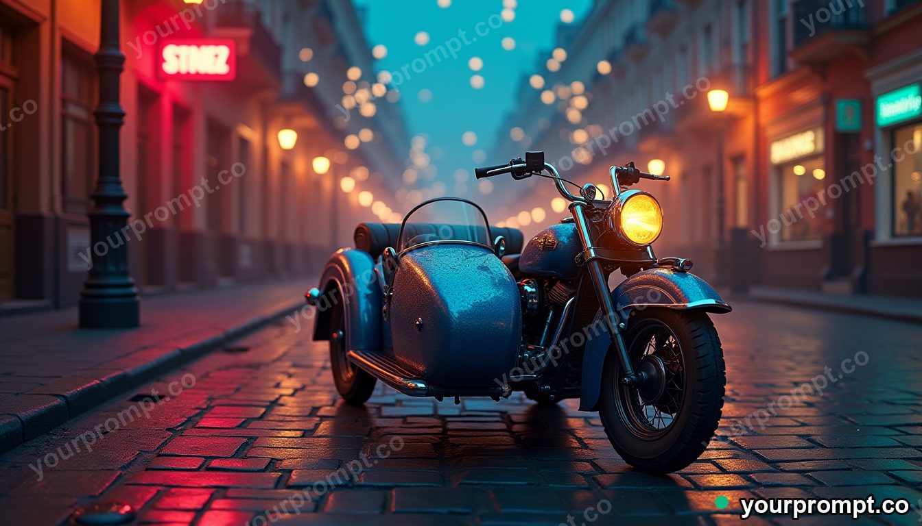 A vintage sidecar motorcycle on a cobbled street