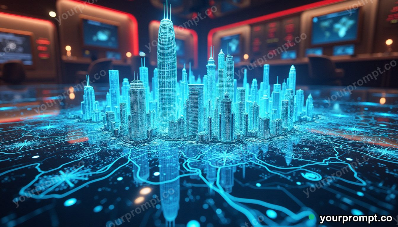 A holographic city map floating over a control room in bold pop-art style — AI-generated image from a text prompt