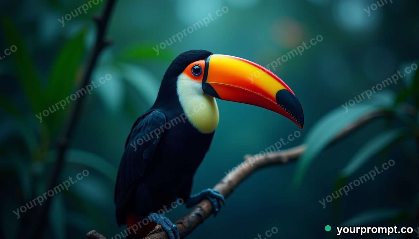A toucan with a vivid beak on a jungle branch in extreme macro photography style — AI-generated image from a text prompt