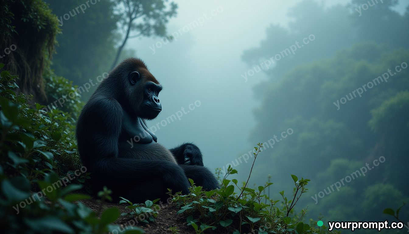 A mountain gorilla resting in misty jungle in stained-glass mosaic style — AI-generated image from a text prompt