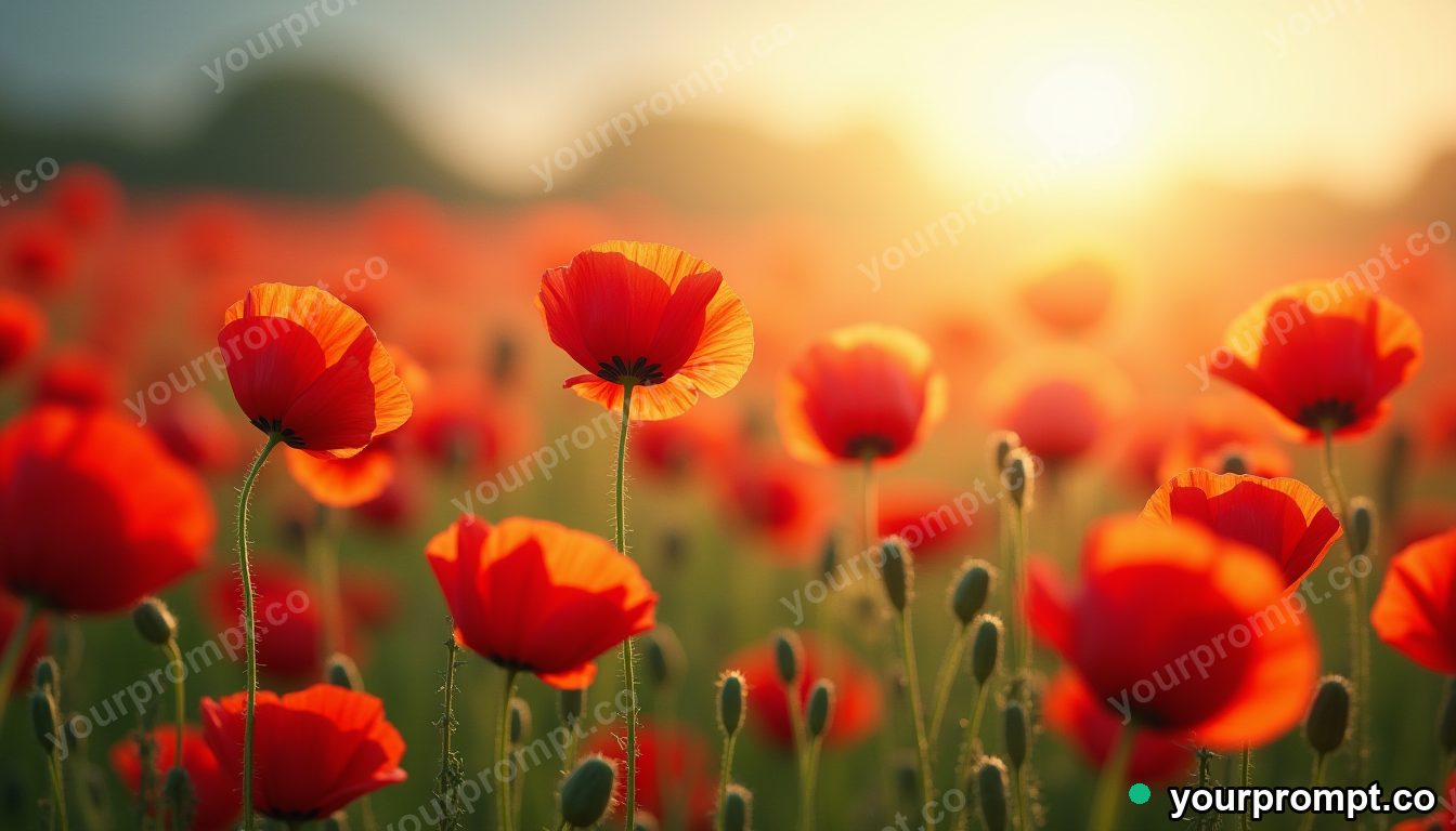 A meadow of poppies swaying in the breeze in hyperrealistic style — AI-generated image from a text prompt