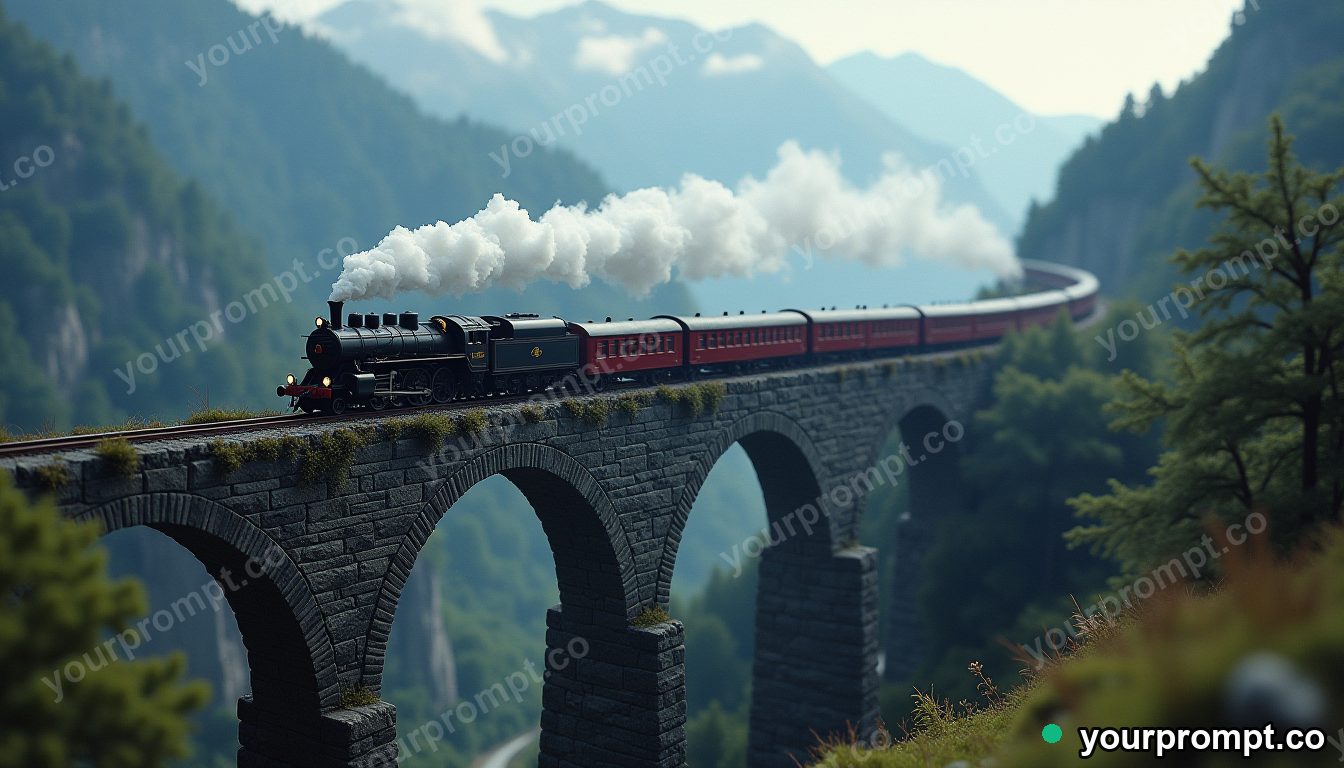 A steam locomotive crossing a stone viaduct in the mountains