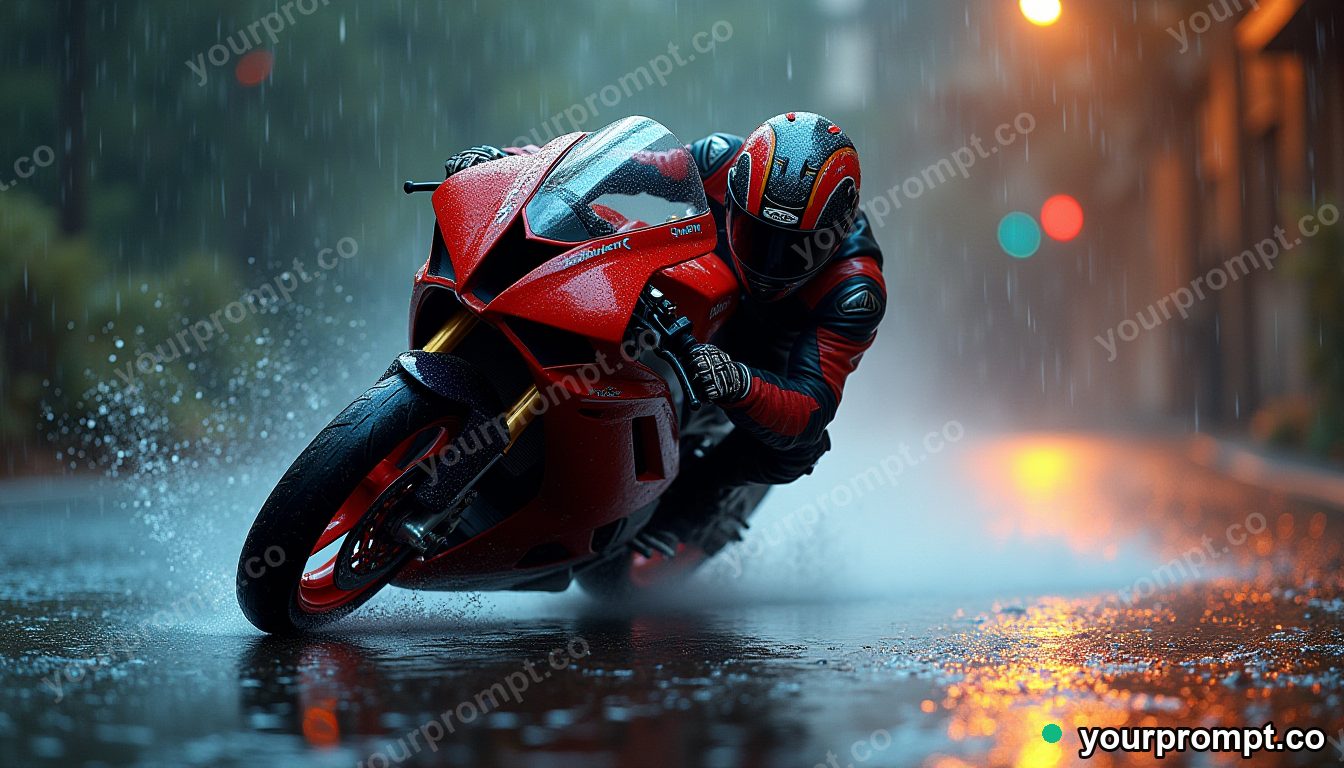 A sport bike leaning hard through a rainy corner