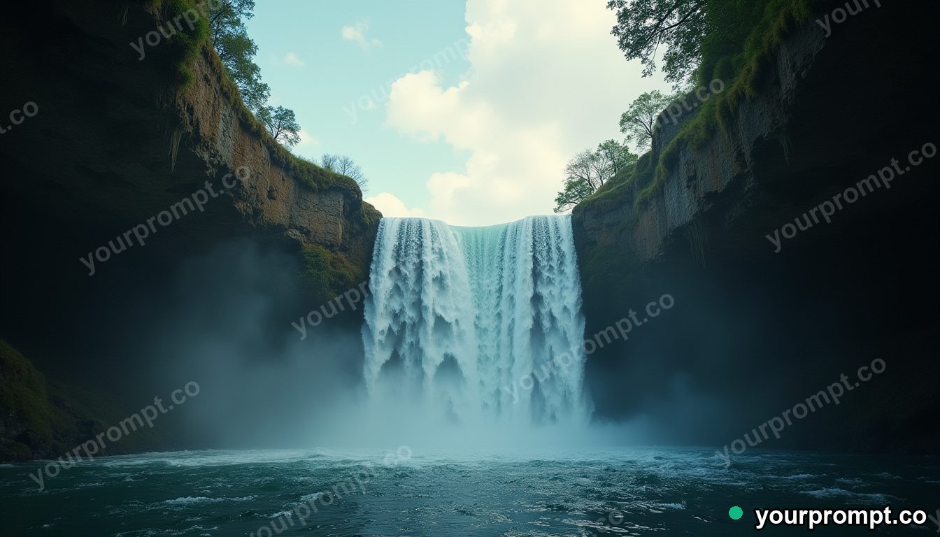A waterfall flowing upward into a hole in the sky in vintage film photograph style — AI-generated image from a text prompt