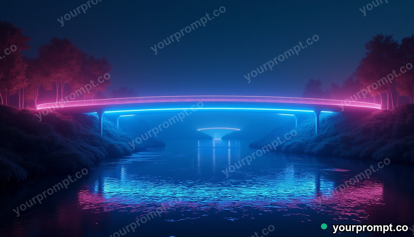 A glowing futuristic bridge across a neon river