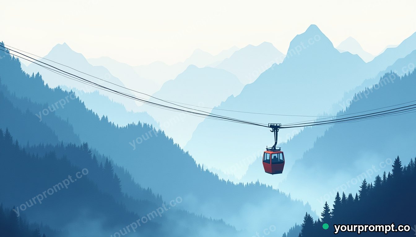 A cable car climbing into misty mountains in layered papercut art style — AI-generated image from a text prompt