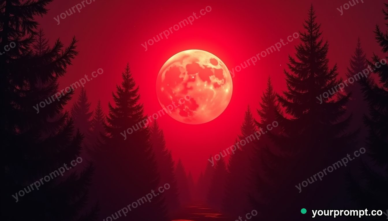 An eerie red blood-moon eclipse over silhouetted trees in neon cyberpunk style — AI-generated image from a text prompt