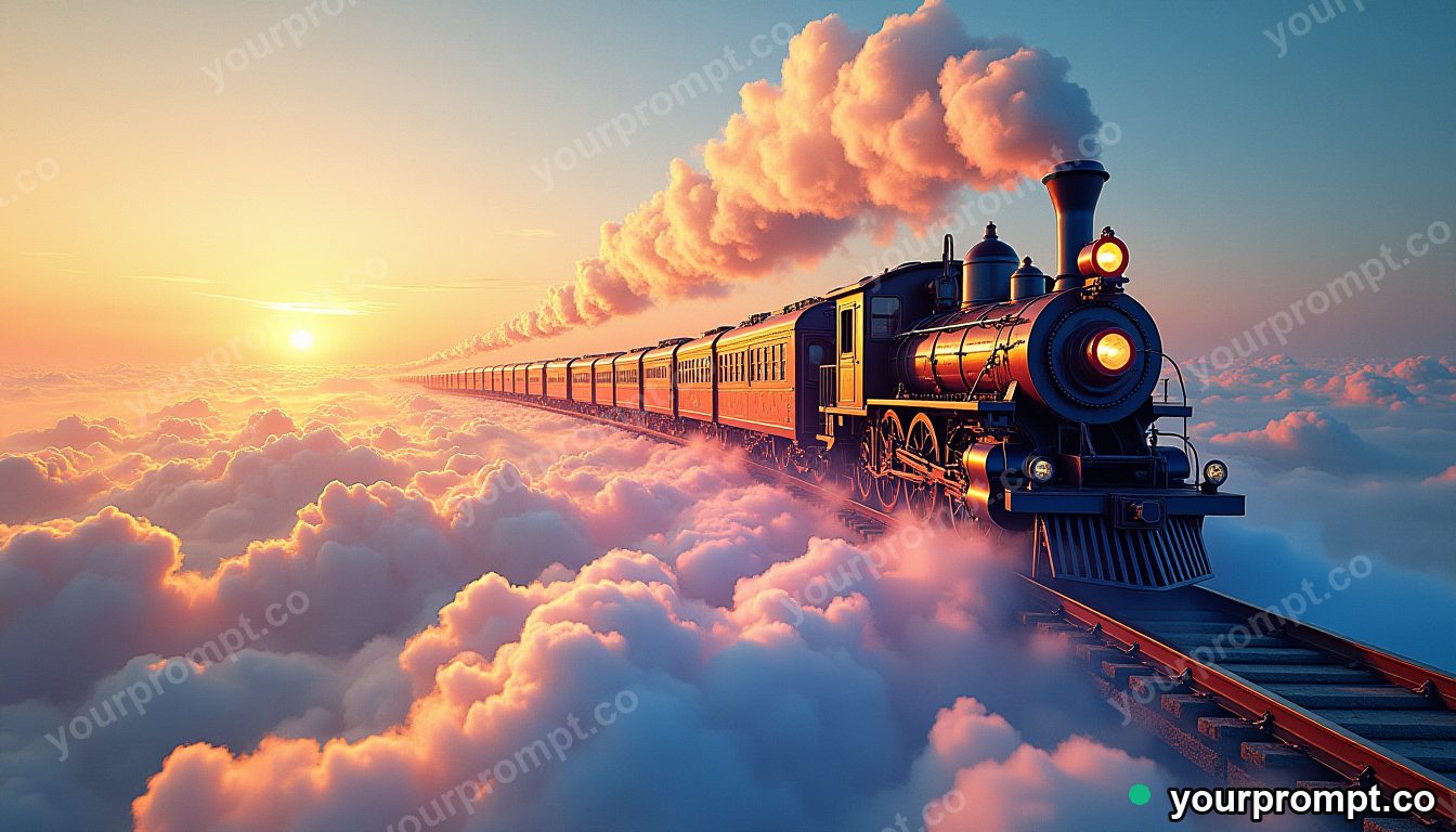 A train made of clouds riding on rainbow tracks in stained-glass mosaic style — AI-generated image from a text prompt