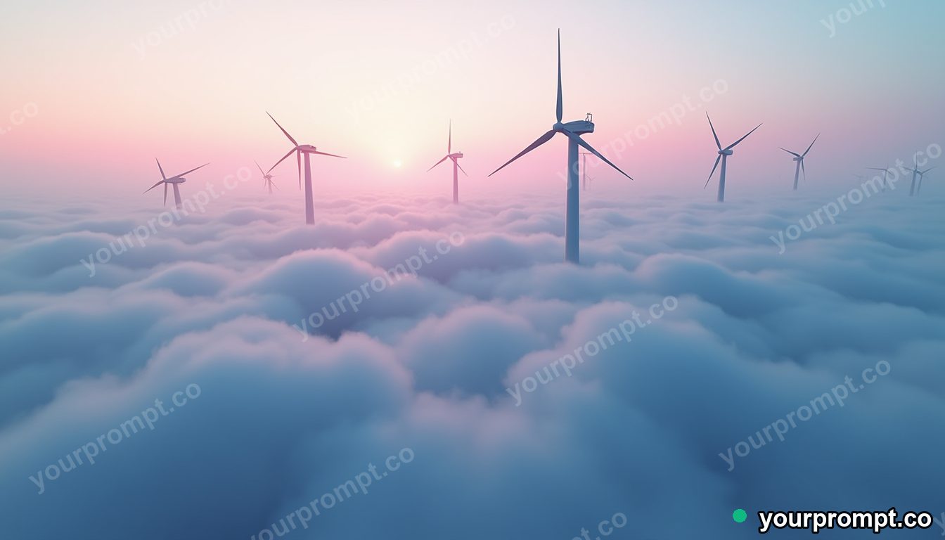 A floating wind-turbine farm above the clouds in neon cyberpunk style — AI-generated image from a text prompt