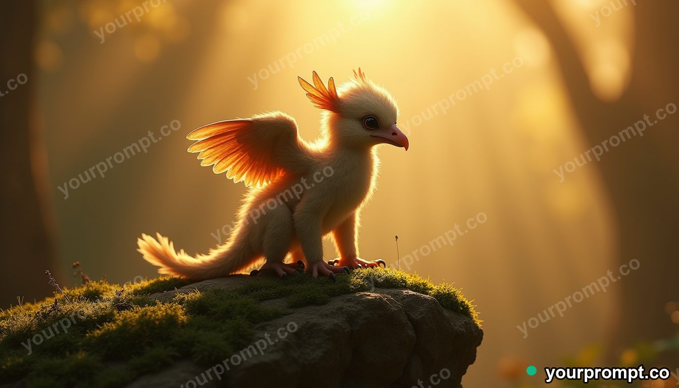A baby griffin perched on a mossy boulder in vintage film photograph style — AI-generated image from a text prompt