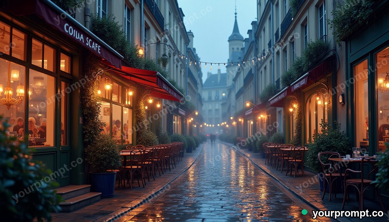 A cobbled Parisian cafe street in soft rain in anime illustration style — AI-generated image from a text prompt
