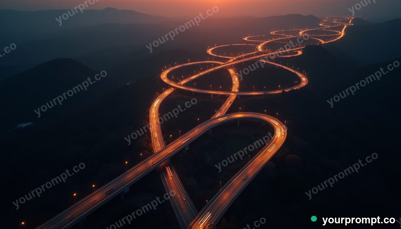 An aerial shot of a spiral interchange highway at dusk in charcoal sketch style — AI-generated image from a text prompt