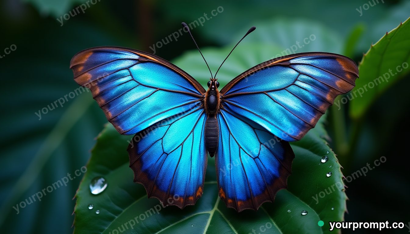 A blue morpho butterfly on a dewy leaf, macro in airbrushed retro sci-fi style — AI-generated image from a text prompt