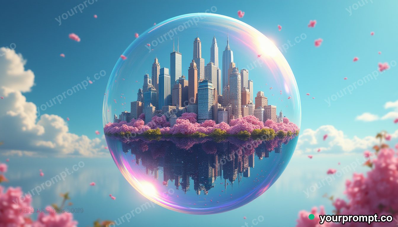 A city floating upside-down inside a giant soap bubble in hyperrealistic style — AI-generated image from a text prompt