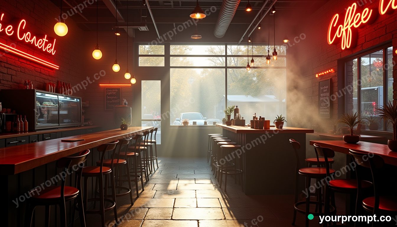 A steamy artisan coffee shop interior in the morning in neon cyberpunk style — AI-generated image from a text prompt