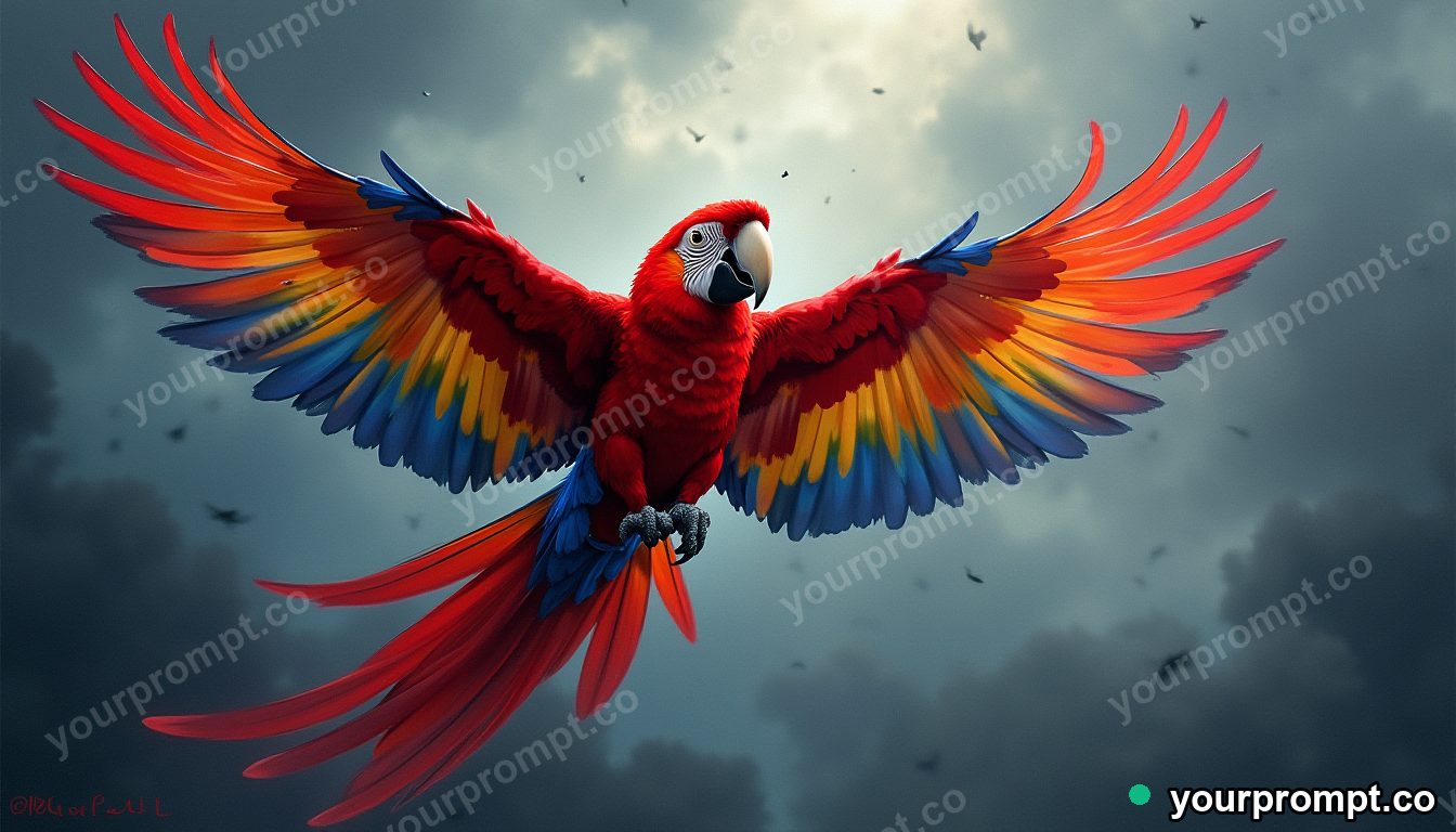A scarlet macaw spreading rainbow wings in rich oil painting style — AI-generated image from a text prompt