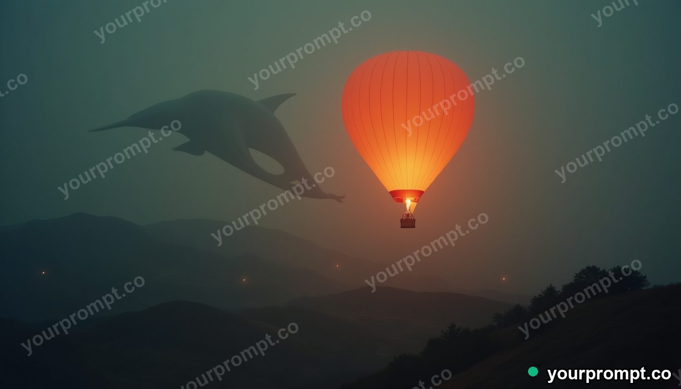 A hot-air balloon shaped like a whale over hills in cinematic film still style — AI-generated image from a text prompt