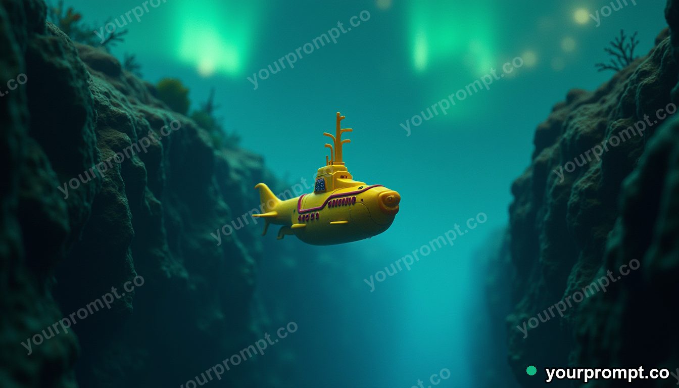 A yellow submarine exploring a glowing trench in tilt-shift miniature style — AI-generated image from a text prompt