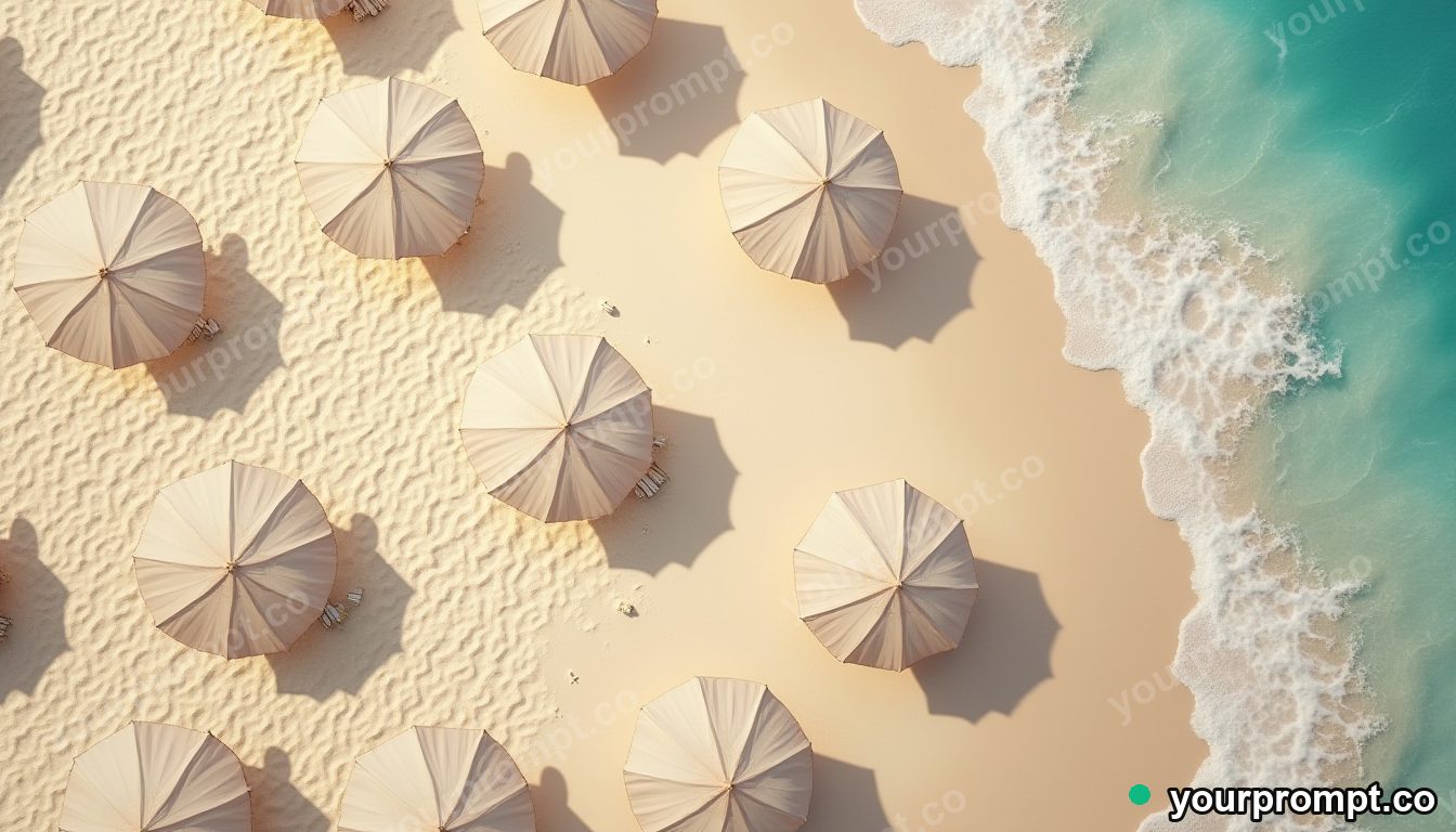 A top-down view of umbrellas scattered on a sandy beach in photorealistic style — AI-generated image from a text prompt