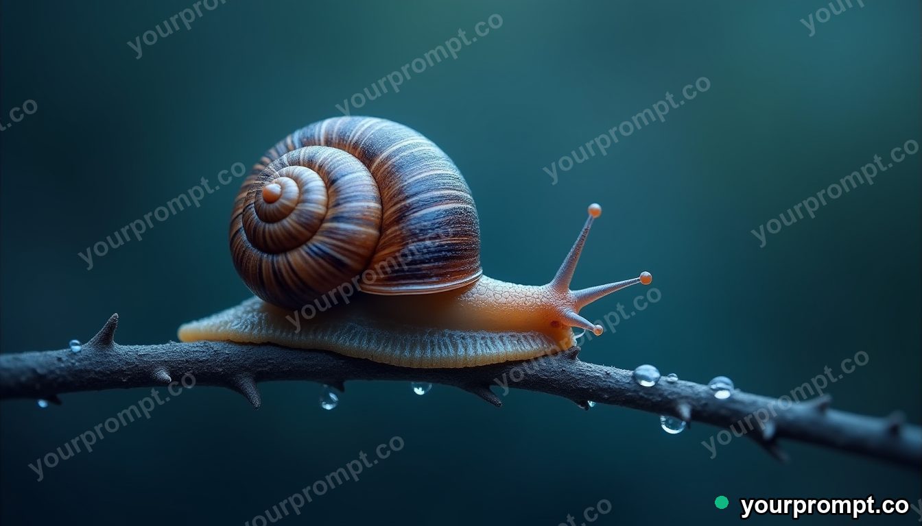 A snail with a glistening shell on a dewy stem in matte concept painting style — AI-generated image from a text prompt