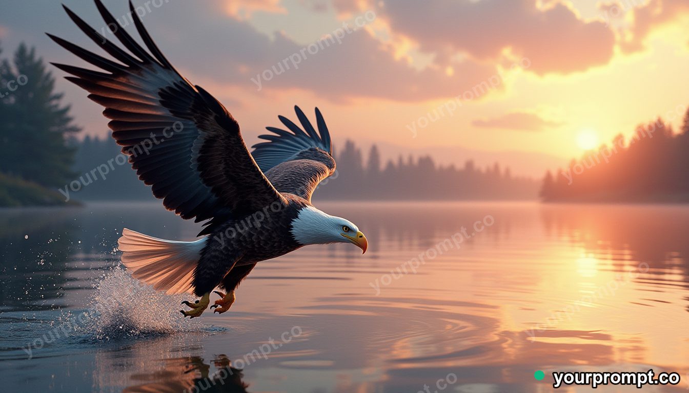 A bald eagle diving toward a lake in vaporwave synthwave style — AI-generated image from a text prompt