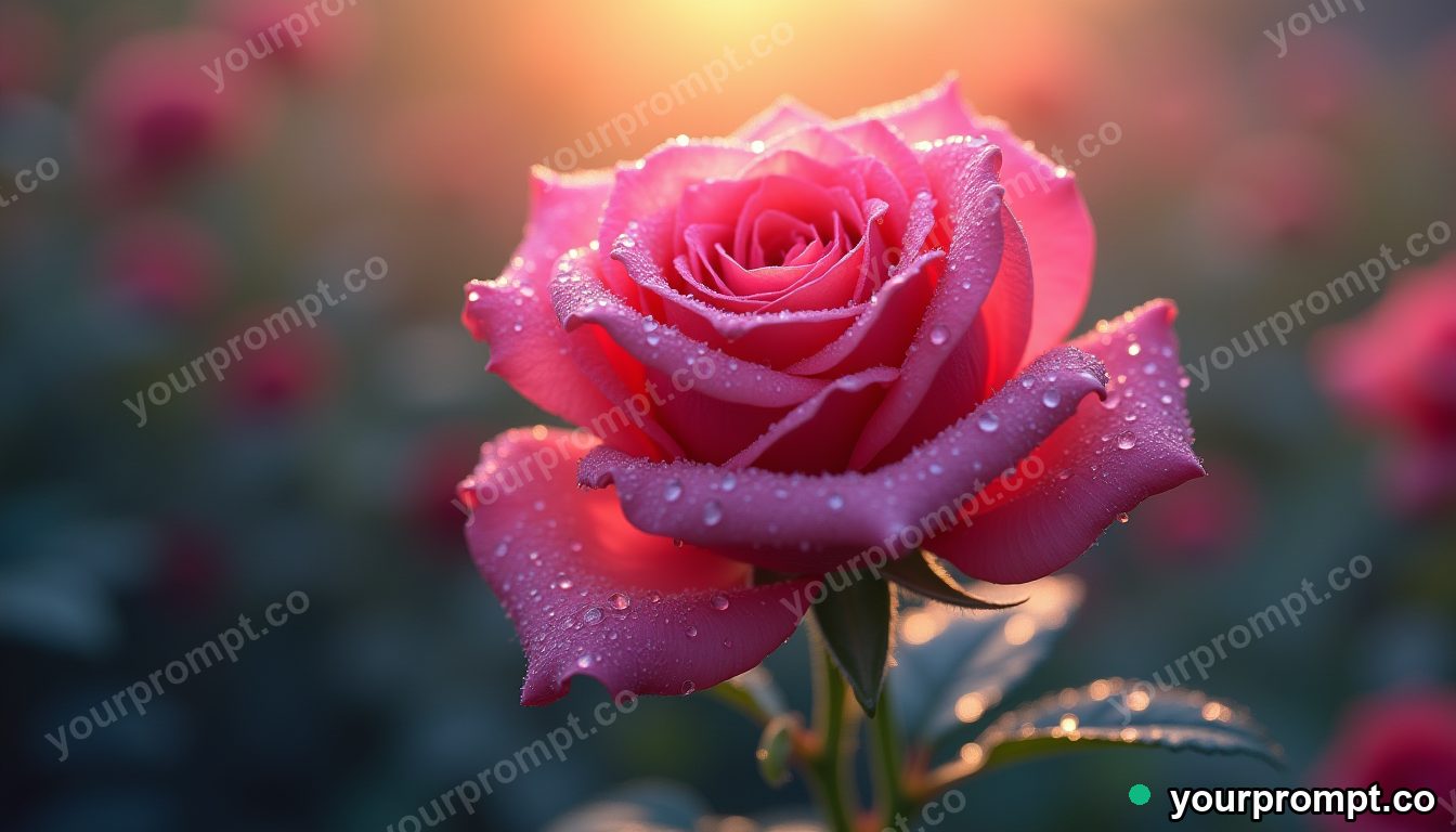 A single dew-covered rose in soft morning light, macro in anime illustration style — AI-generated image from a text prompt