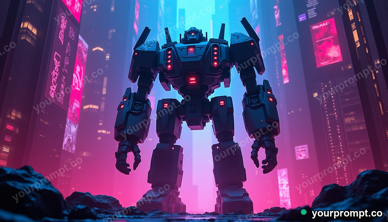 A towering mech standing guard in a neon city in layered papercut art style — AI-generated image from a text prompt