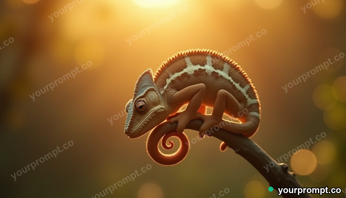 A chameleon curling its tail on a thin branch in clean minimalist style — AI-generated image from a text prompt