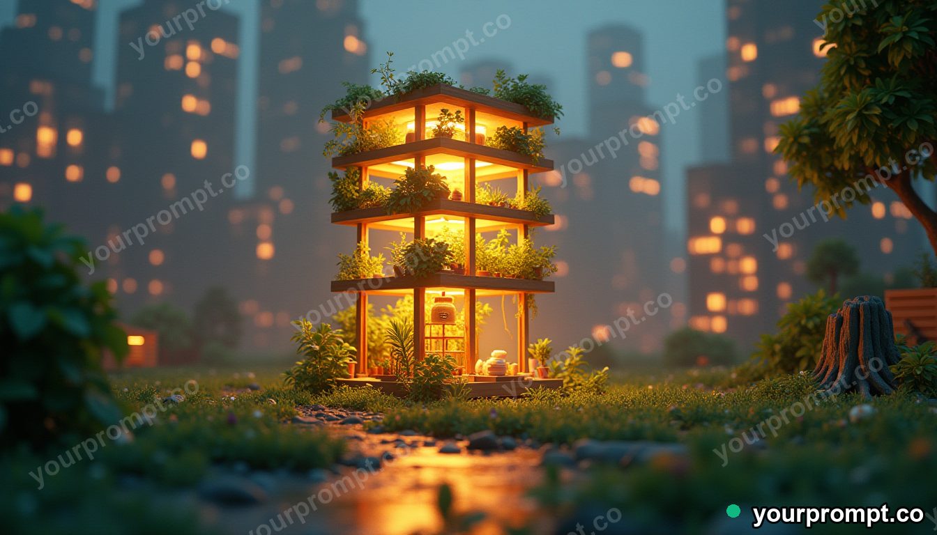 A vertical farm tower glowing inside a future city in low-poly 3D style — AI-generated image from a text prompt