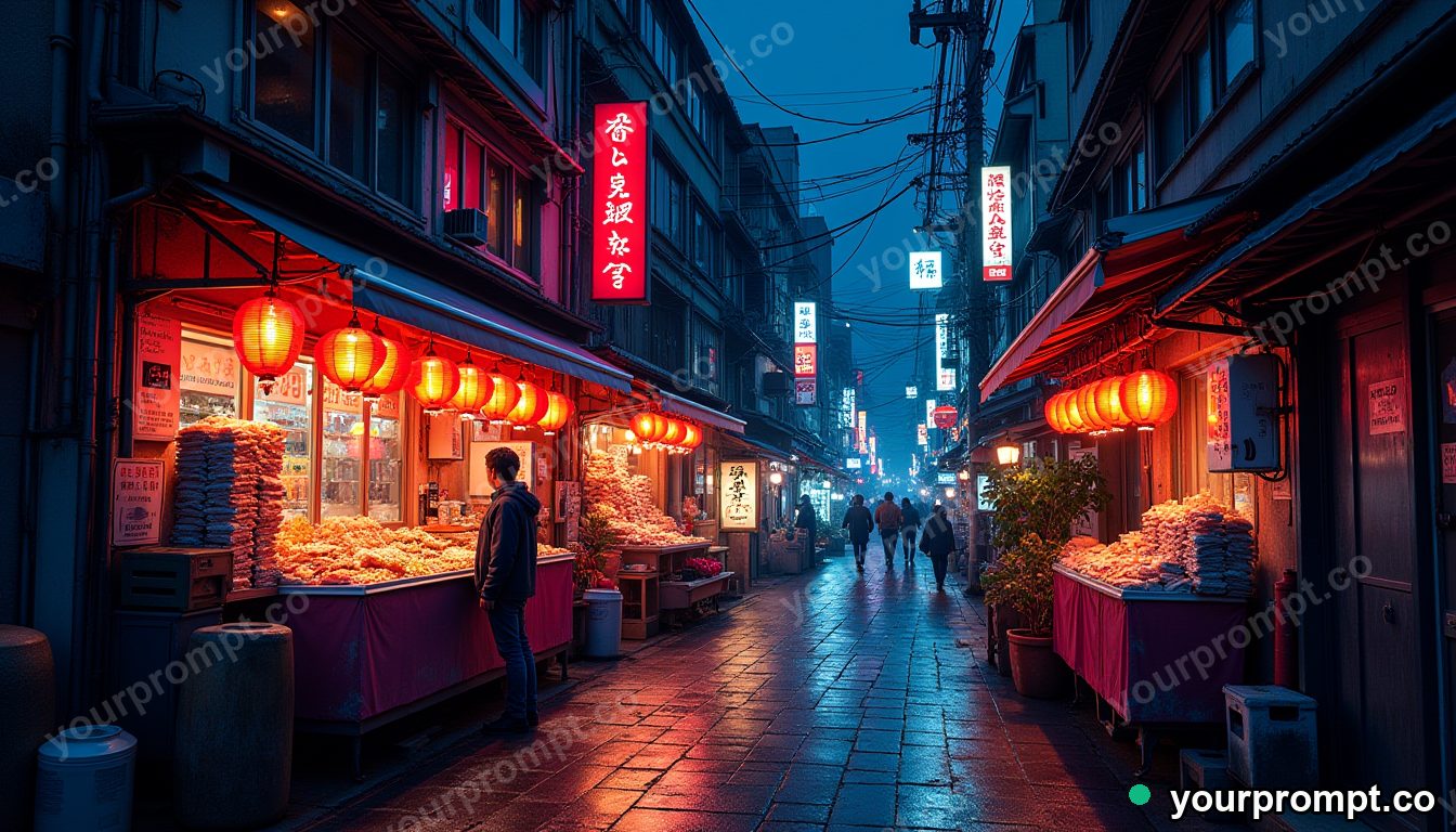 A glowing night market in a narrow Tokyo alley in charcoal sketch style — AI-generated image from a text prompt