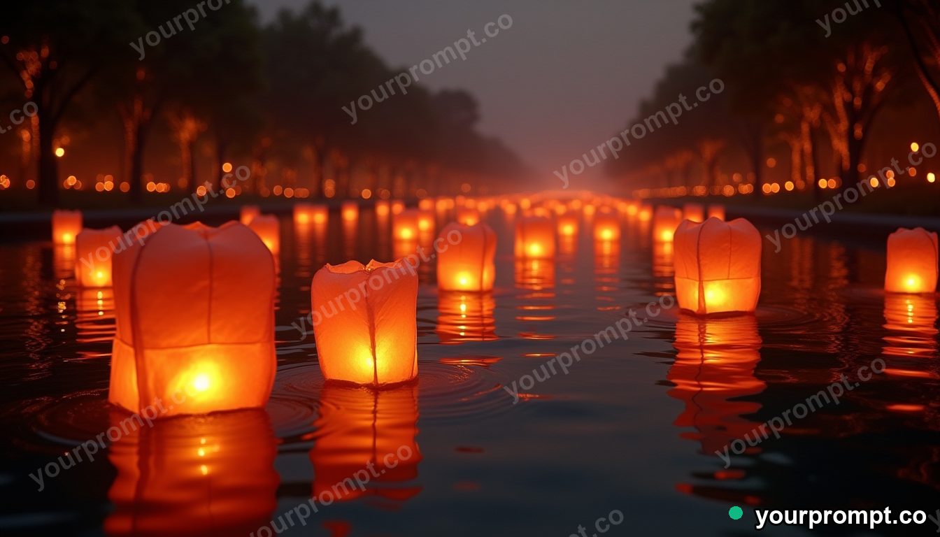 A lantern festival floating glowing lights on a river in hyperrealistic style — AI-generated image from a text prompt